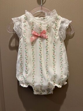 Baby Floral Lace Bow Romper - Pink & Cream